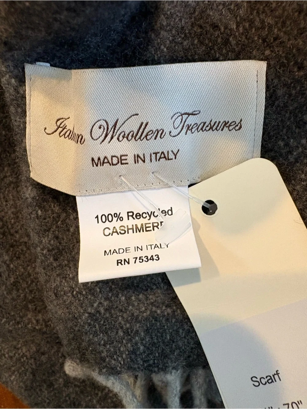 Italian Woollen Treasures Gray Cashmere Scarf 11” x 70”